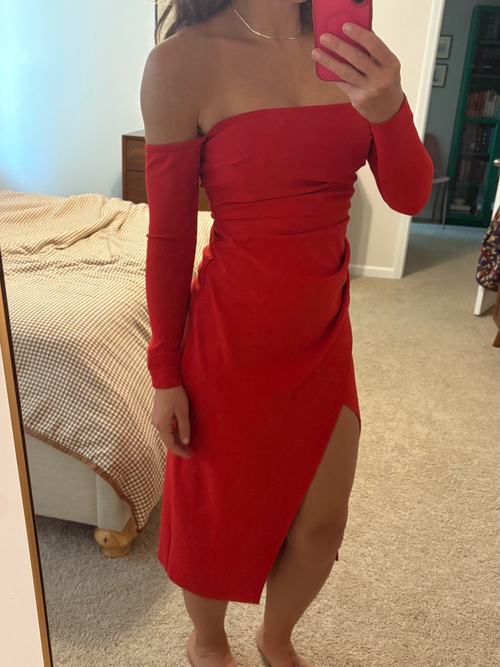 Abercrombie & Fitch Off-Shoulder Red Midi Dress with Side Slit